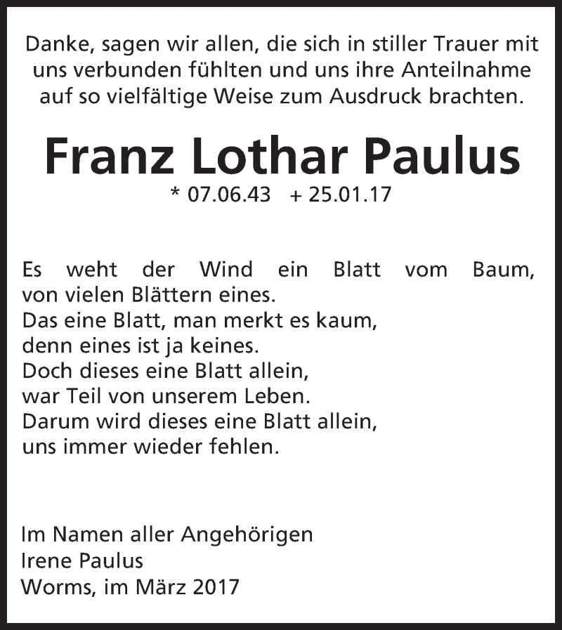  Traueranzeige für Franz Lothar Paulus vom 02.03.2017 aus Trauerportal Rhein Main Presse