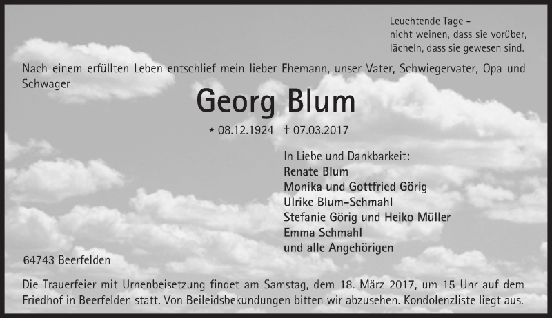  Traueranzeige für Georg Blum vom 15.03.2017 aus Trauerportal Echo Online