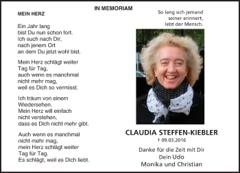Traueranzeige von Claudia Steffen-Kiebler von Trauerportal Echo Online