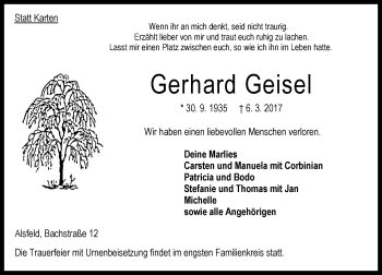 Traueranzeige von Gerhard Geisel von VRM Trauer