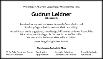 Traueranzeige von Gudrun Leidner von Trauerportal Rhein Main Presse