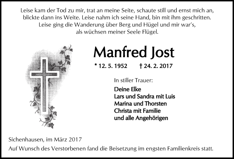  Traueranzeige für Manfred Jost vom 11.03.2017 aus  Kreisanzeiger