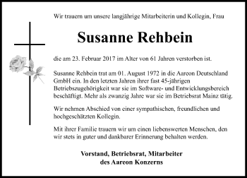 Traueranzeige von Susanne Rehbein von Trauerportal Rhein Main Presse