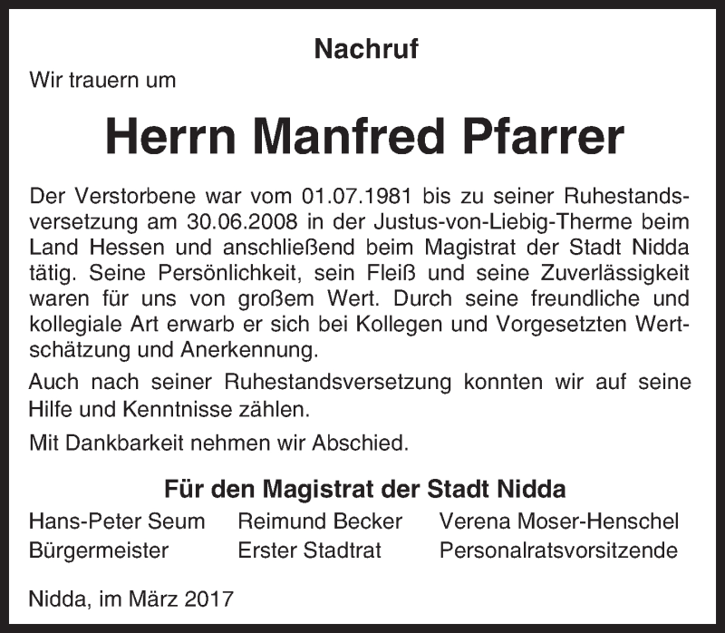  Traueranzeige für Manfred Pfarrer vom 25.03.2017 aus  Kreisanzeiger