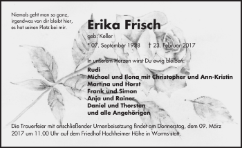 Traueranzeige von Erika Frisch von Trauerportal Rhein Main Presse