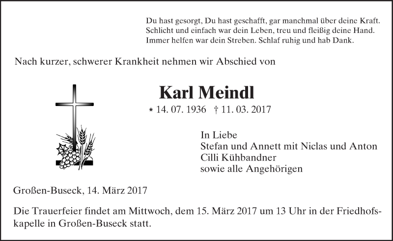  Traueranzeige für Karl Meindl vom 14.03.2017 aus  Gießener Anzeiger