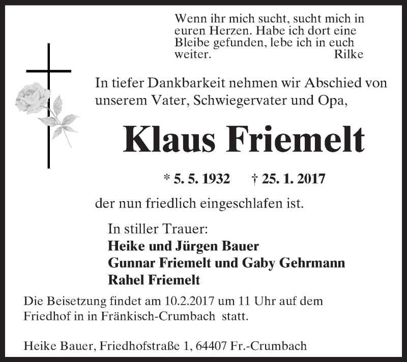  Traueranzeige für Klaus Friemelt vom 04.02.2017 aus  Bürstädter Zeitung