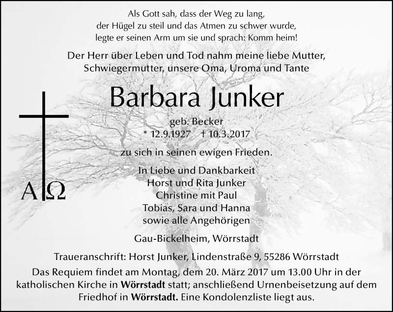  Traueranzeige für Barbara Junker vom 15.03.2017 aus Trauerportal Rhein Main Presse
