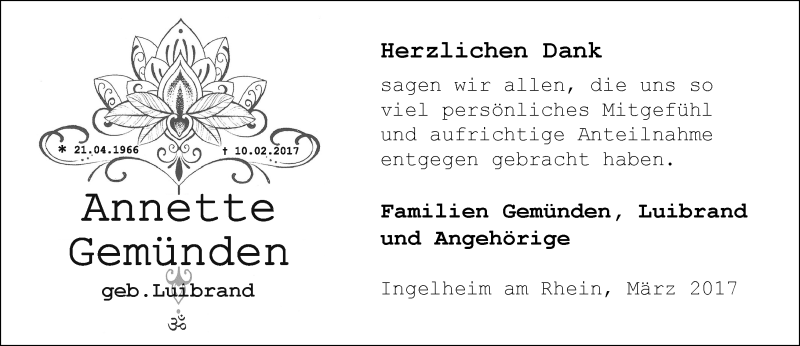  Traueranzeige für Annette Gemünden vom 10.03.2017 aus Trauerportal Rhein Main Presse