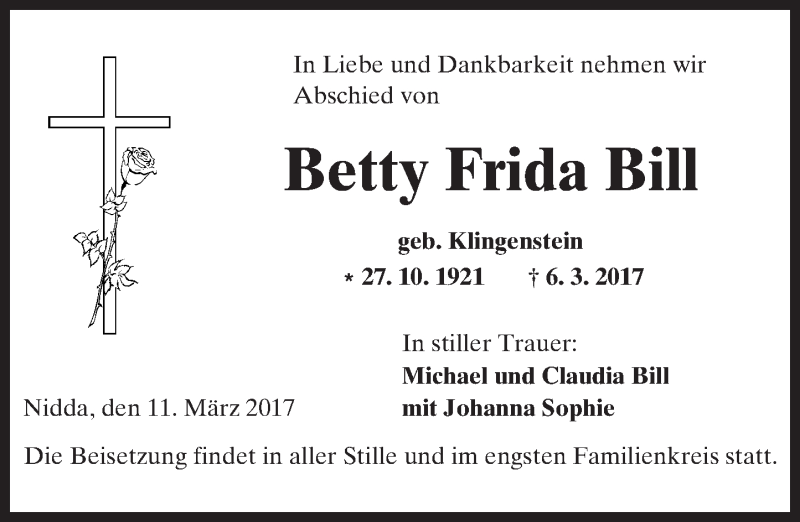  Traueranzeige für Betty Frida Bill vom 11.03.2017 aus  Kreisanzeiger
