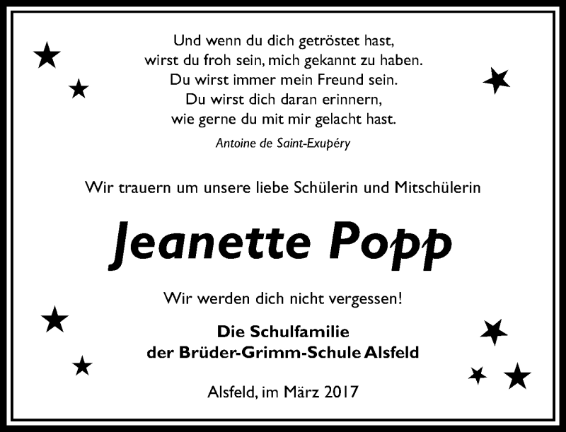  Traueranzeige für Jeanette Popp vom 03.03.2017 aus VRM Trauer