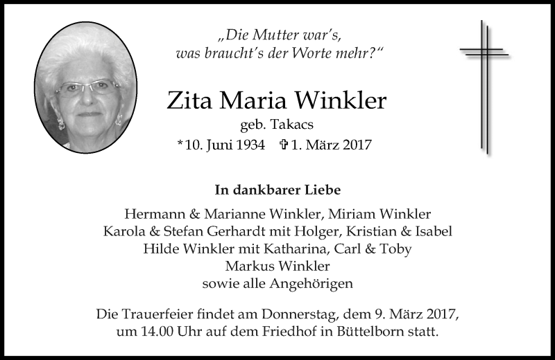  Traueranzeige für Zita Maria Winkler vom 04.03.2017 aus Trauerportal Echo Online