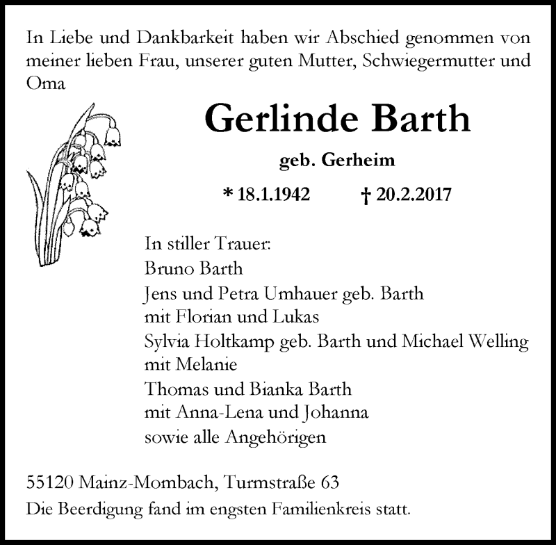  Traueranzeige für Gerlinde Barth vom 04.03.2017 aus Trauerportal Rhein Main Presse