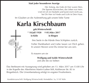 Traueranzeige von Karla Kirschbaum von Trauerportal Rhein Main Presse