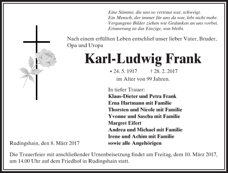  Traueranzeige für Karl-Ludwig Frank vom 08.03.2017 aus  Kreisanzeiger