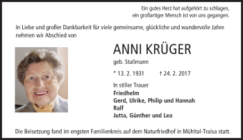 Traueranzeige von Anni Krüger von Trauerportal Echo Online