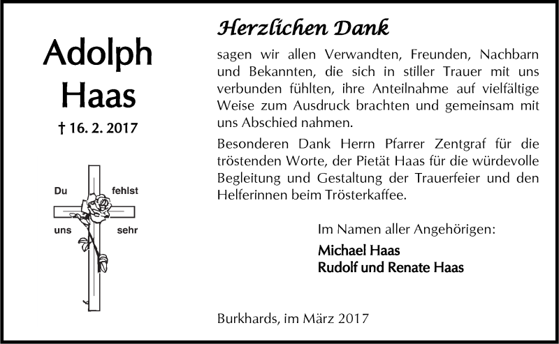  Traueranzeige für Adolph Haas vom 11.03.2017 aus  Kreisanzeiger