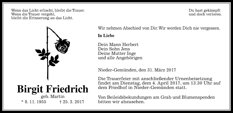  Traueranzeige für Birgit Friedrich vom 31.03.2017 aus VRM Trauer