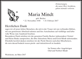 Traueranzeige von Maria Mindt von  Usinger Anzeiger