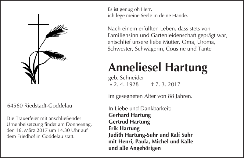  Traueranzeige für Anneliesel Hartung vom 11.03.2017 aus Trauerportal Echo Online