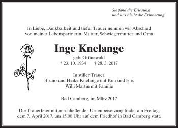 Traueranzeige von Inge Knelange von  Camberger Anzeiger