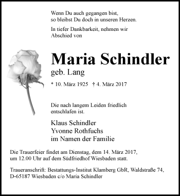 Traueranzeige von Maria Schindler von Trauerportal Rhein Main Presse
