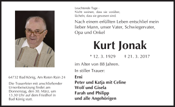 Traueranzeige von Kurt Jonak von Trauerportal Echo Online