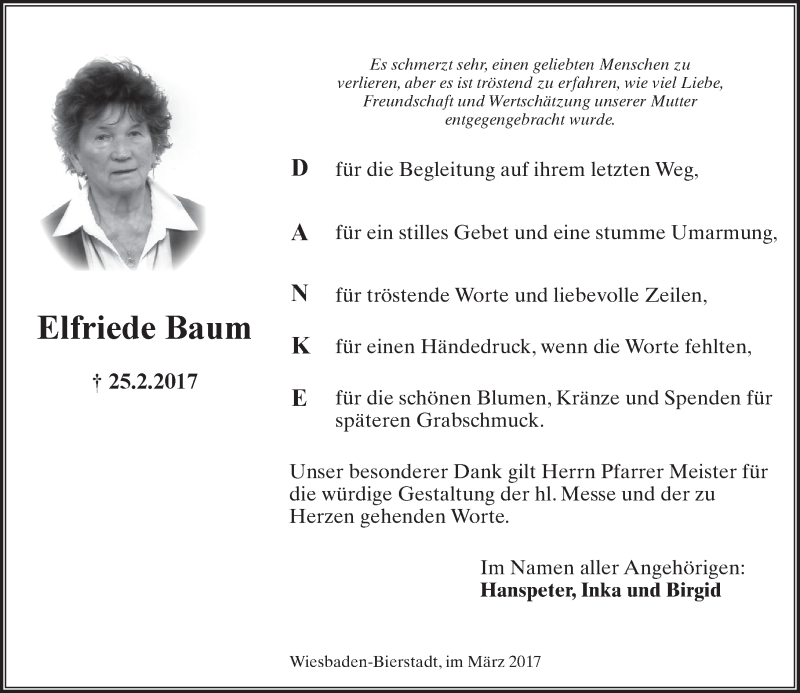  Traueranzeige für Elfriede Baum vom 18.03.2017 aus Trauerportal Rhein Main Presse