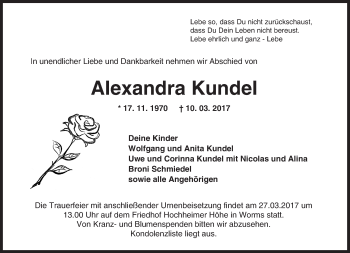 Traueranzeige von Alexandra Kundel von Trauerportal Rhein Main Presse