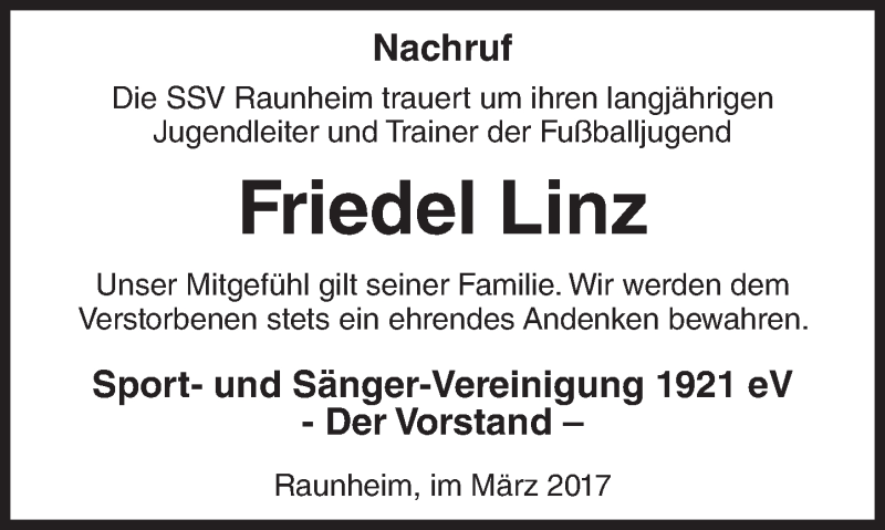  Traueranzeige für Friedel Linz vom 22.03.2017 aus Trauerportal Rhein Main Presse