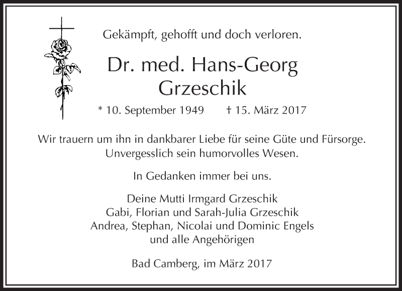  Traueranzeige für Hans-Georg Grzeschik vom 23.03.2017 aus  Camberger Anzeiger