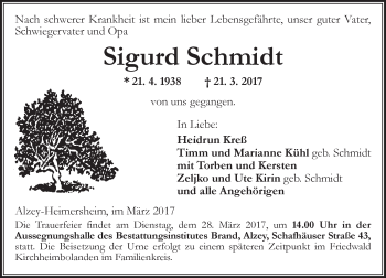 Traueranzeige von Sigurd Schmidt von Trauerportal Rhein Main Presse