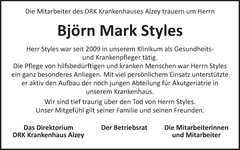  Traueranzeige für Björn Mark Styles vom 22.03.2017 aus Trauerportal Rhein Main Presse