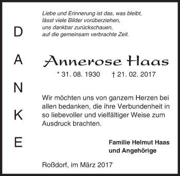 Traueranzeige von Annerose Haas von Trauerportal Echo Online