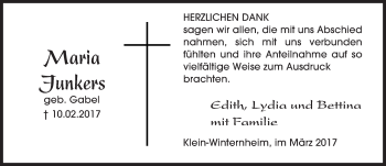 Traueranzeige von Maria Junkers von Trauerportal Rhein Main Presse