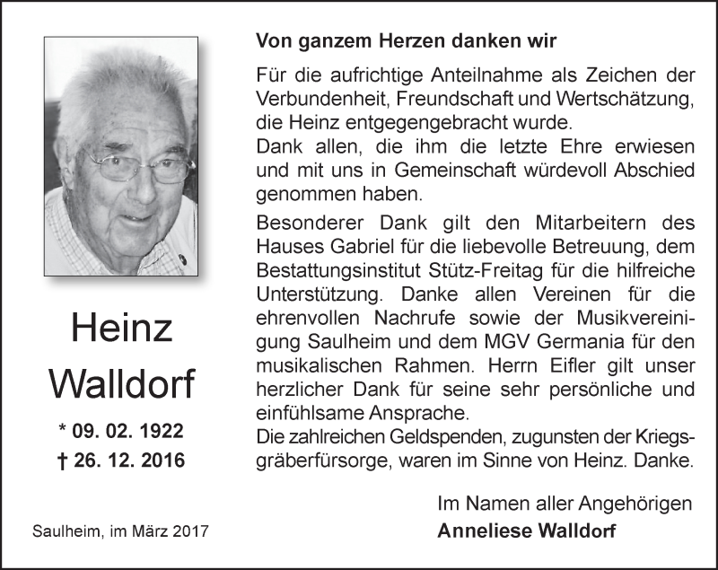  Traueranzeige für Heinz Walldorf vom 04.03.2017 aus Trauerportal Rhein Main Presse