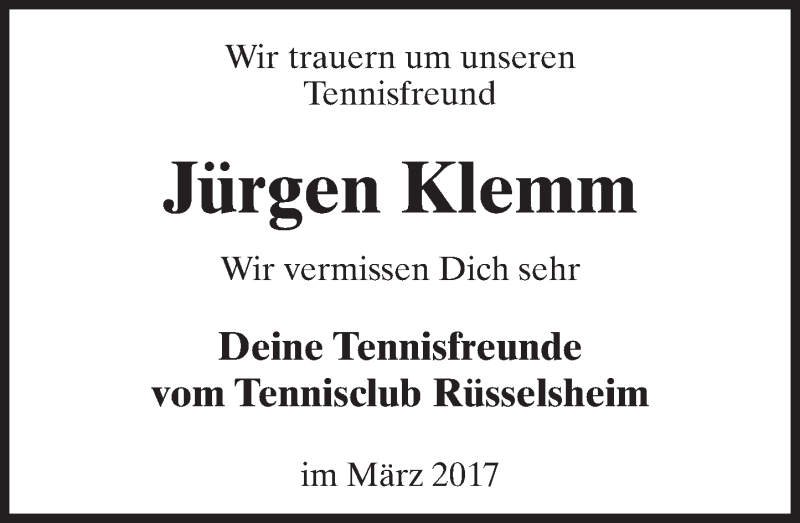  Traueranzeige für Jürgen Klemm vom 22.03.2017 aus Trauerportal Rhein Main Presse