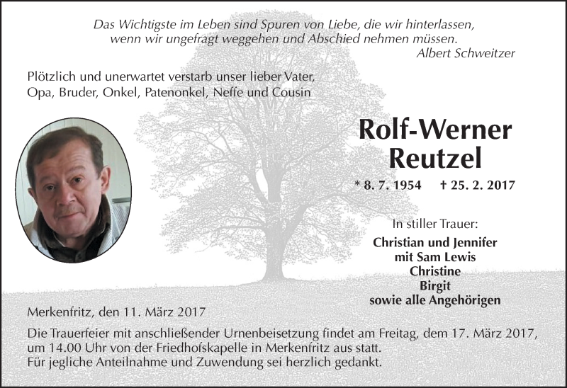  Traueranzeige für Rolf Reutzel vom 11.03.2017 aus  Kreisanzeiger