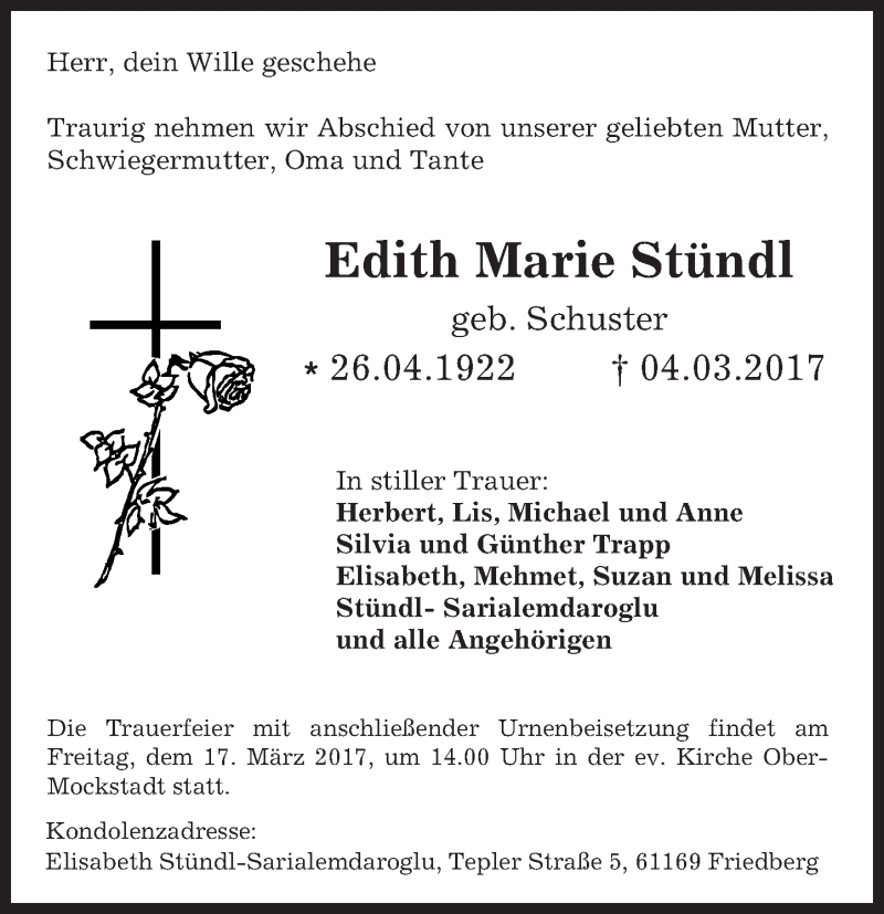  Traueranzeige für Edith Marie Stündl vom 11.03.2017 aus  Kreisanzeiger