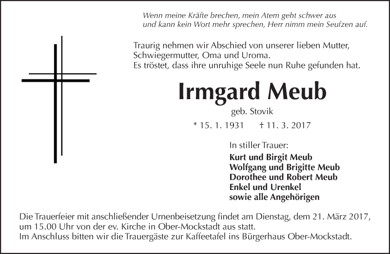 Traueranzeige für Irmgard Meub vom 18.03.2017 aus  Kreisanzeiger