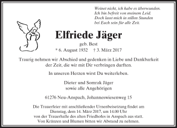 Traueranzeige von Elfriede Jäger von  Usinger Anzeiger