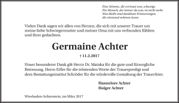 Traueranzeige von Germaine Achter von Trauerportal Rhein Main Presse