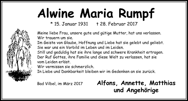  Traueranzeige für Alwine Maria Rumpf vom 30.03.2017 aus  Camberger Anzeiger