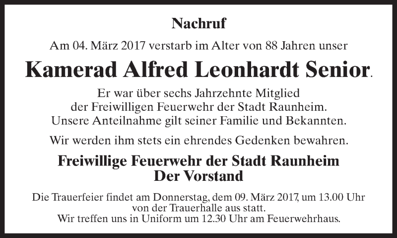  Traueranzeige für Alfred Leonhardt vom 08.03.2017 aus Trauerportal Rhein Main Presse
