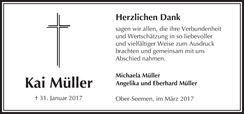  Traueranzeige für Kai Müller vom 04.03.2017 aus  Kreisanzeiger