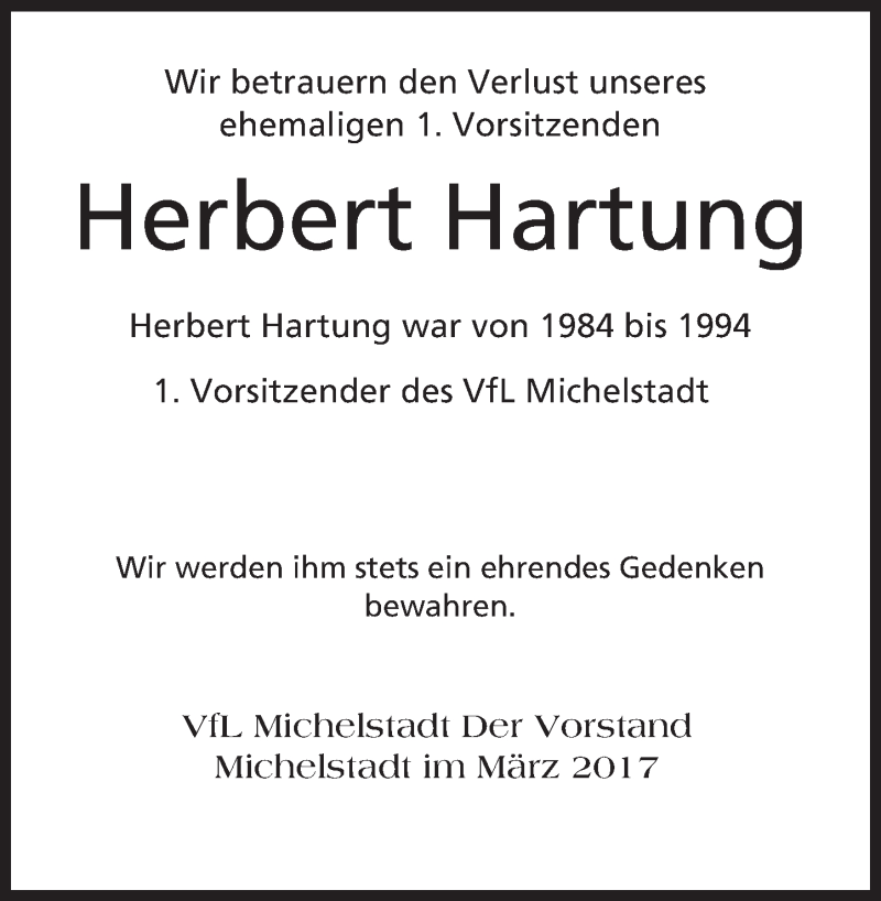  Traueranzeige für Herbert Hartung vom 25.03.2017 aus Trauerportal Rhein Main Presse