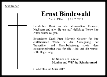 Traueranzeige von Ernst Bindewald von VRM Trauer