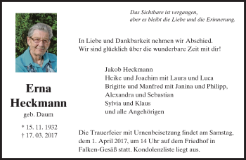 Traueranzeige von Erna Heckmann von Trauerportal Echo Online