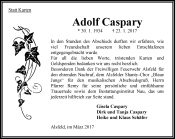 Traueranzeige von Adolf Caspary von VRM Trauer