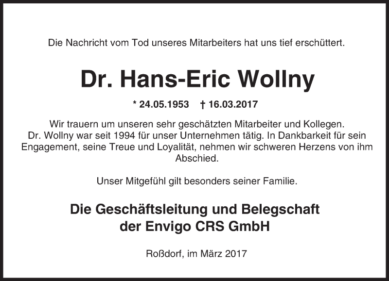  Traueranzeige für Hans-Eric Wollny vom 22.03.2017 aus Trauerportal Echo Online
